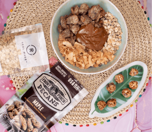 Where to Find The Best Healthy Sweet Snacks a bowl of oats and walnuts with protein bites