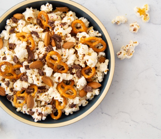 Sweet & Salty Snack Mix Popcorn and pretzel snack bowl