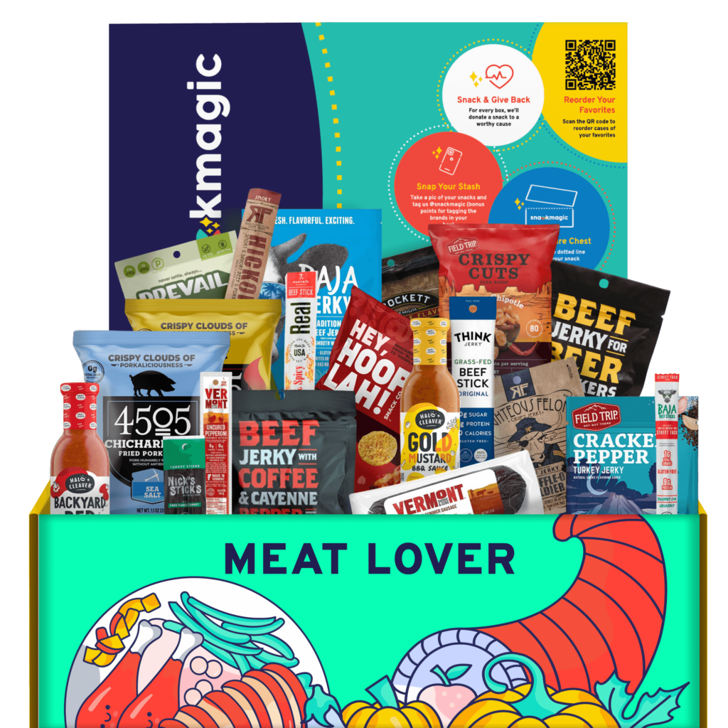 A Meat Lover SnackMagic box full of treats and bites.