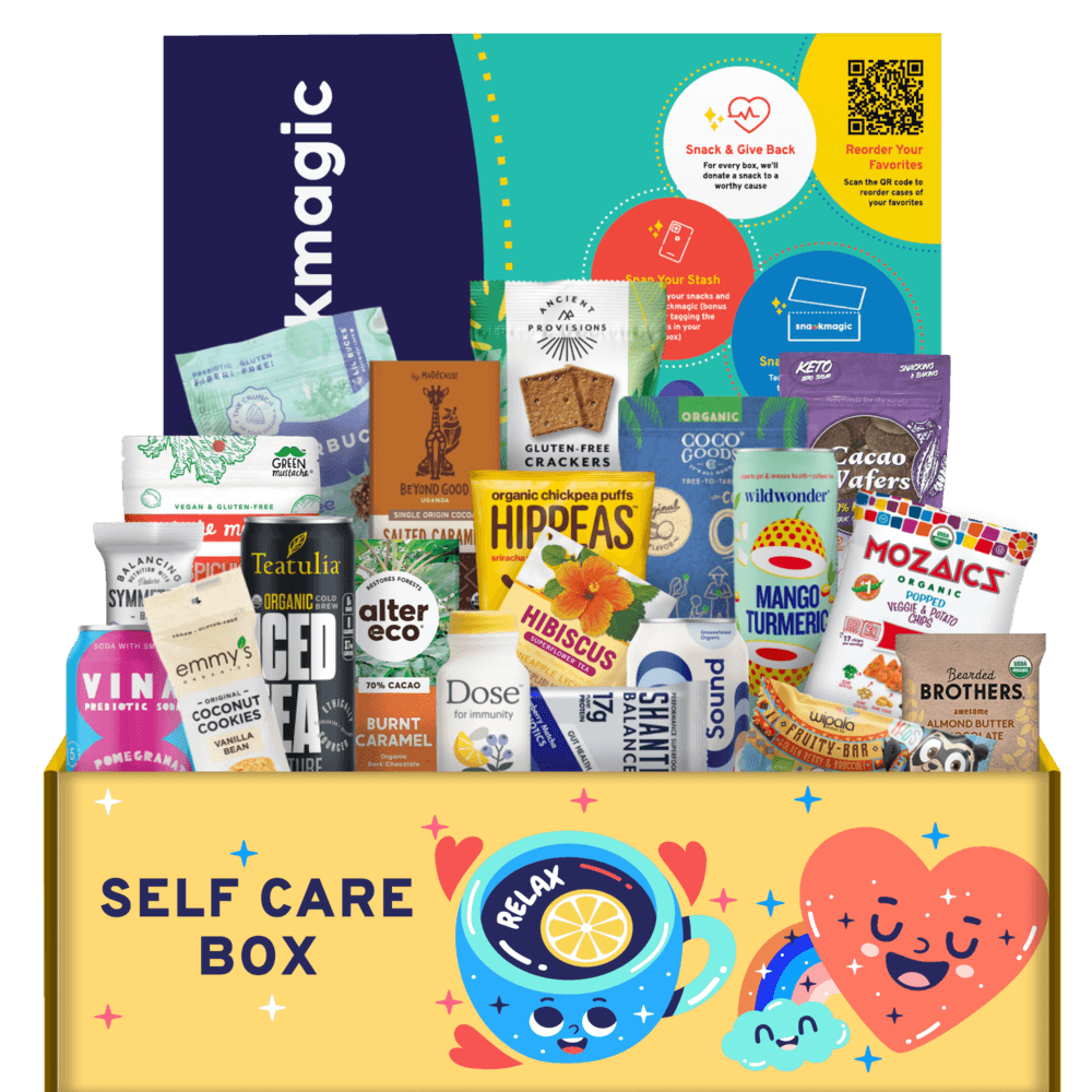 A huge SnackMagic Box meant to encourage recipients to participate in self care with snack and drink items that promote well-being. 